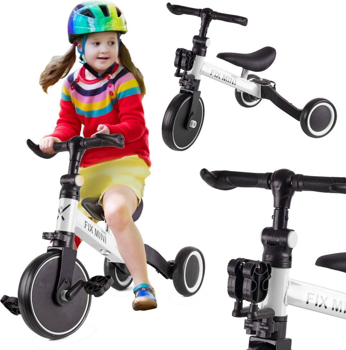 Fix mini - 3 in 1 Driewieler - trike met pedalen - tot 30kg - van 1,5 - 4 jaar oud - wit / zwart - aluminium frame - Loopfiets