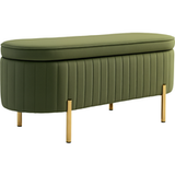 Banc avec couvercle à charnières et espace de rangement, revêtement en tissu, bois, métal, vert foncé et or