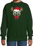 Bellatio Decorations Kersttrui/Sweater voor Kinderen - Rudolf Gezicht - Rendier - Groen - Maat 152/164