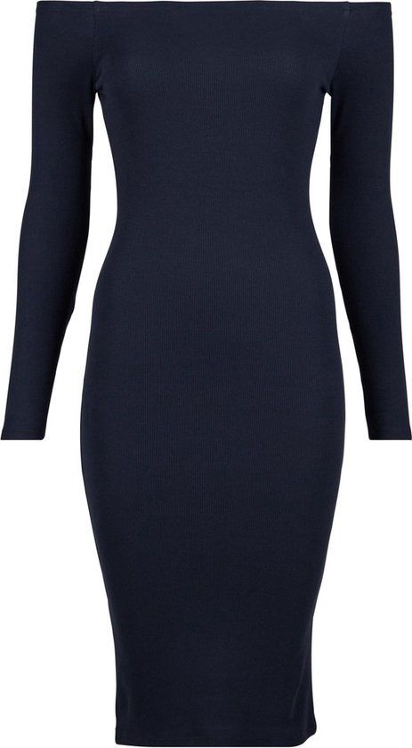 Urban Classics Off Shoulder Longsleeve Rib Kokerjurk - Zwart - XS