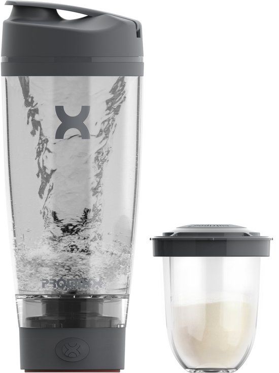 Promixx Pro Elektrische Shakerfles – 600ml – USB-C Oplaadbare Vortex Eiwitshaker met X-Blade Technologie & Supplement Opslag – BPA-vrije Makkelijk te Reinigen Shaker Fitness & Reizen – Grafietgrijs