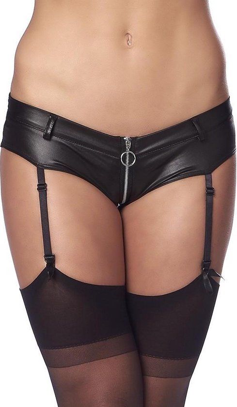 Rimba Amorable - Wetlook Slipje Met Rits In Kruis - inclusief Jarretels En Kousen - Maat S/M - Zwart