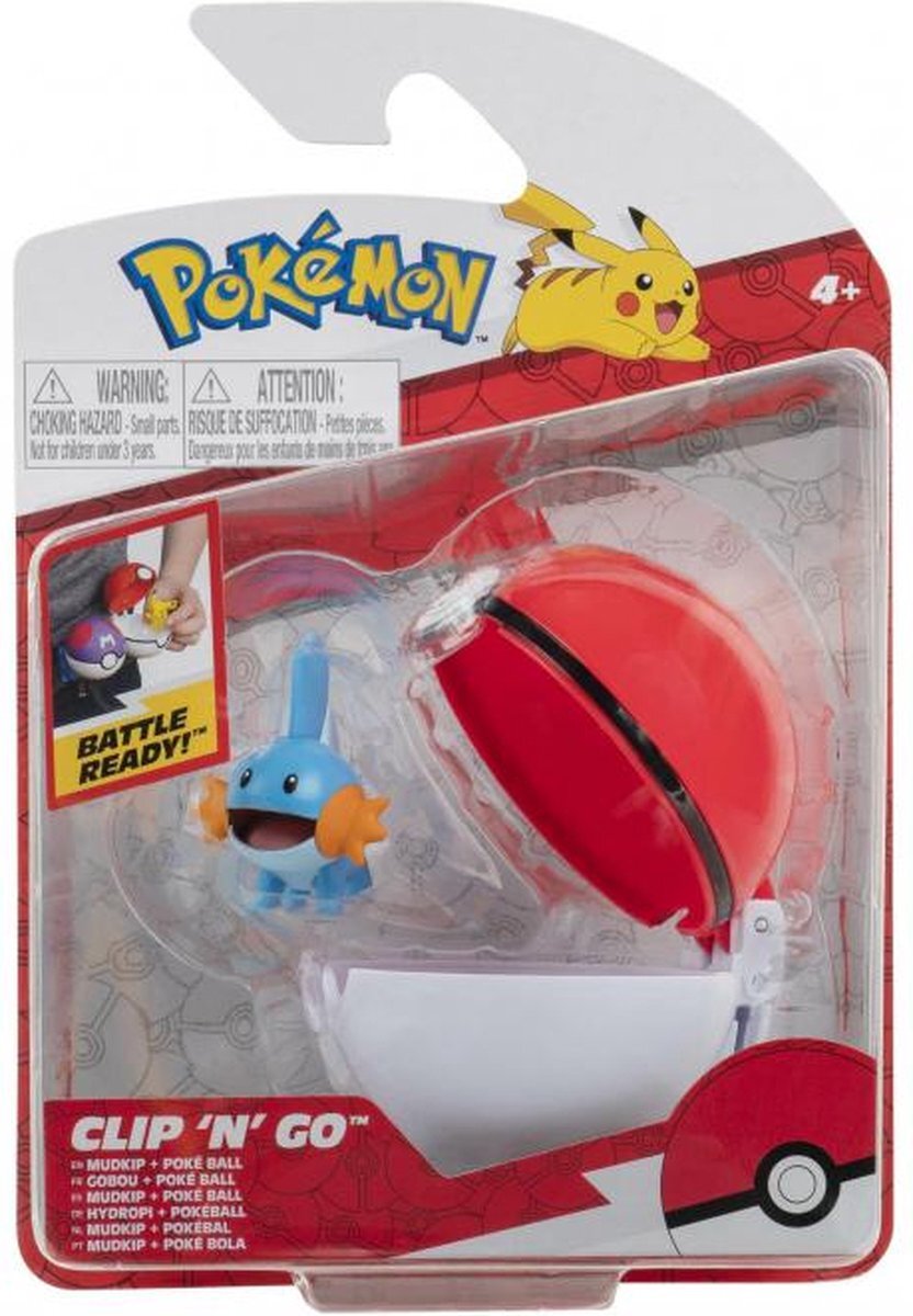Pokémon PKW0155 Mudkip & Pokémon Ball Clip and Go Pokeball & Mudkip Hydropi – 5-8 cm Pokémon-figuur nieuwste golf 2022 officieel gelicentieerd speelgoed, meerkleurig