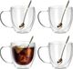 Markenlos Bol Dubbelwandige glazen Koffiemokken met 4 lepels 250 ml - Set van 4 geïsoleerde koffiemokken met handvat - Voor cappuccino espresso latte thee warm/koude dranken mokken set