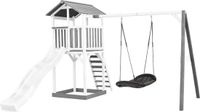 AXI Beach Tower Speeltoestel in Grijs/Wit - Speeltoren met Roxy Nestschommel, Witte Glijbaan en Zandbak - FSC hout - Speelhuis op palen voor de tuin