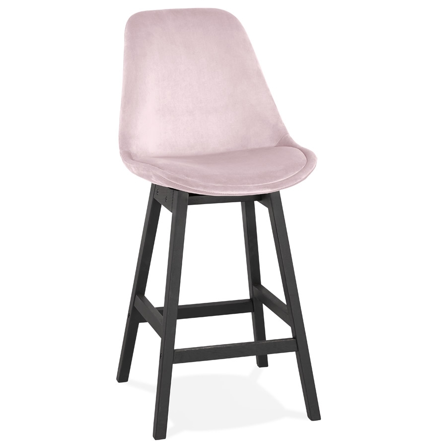 Alterego Halfhoge design barkruk 'MORISS MINI' in roze fluweel en poten in zwart hout