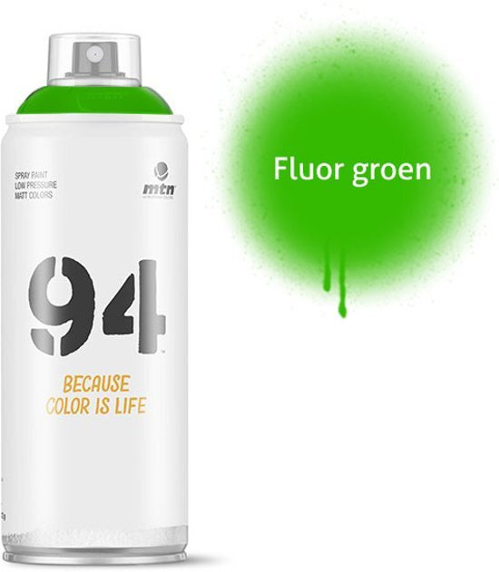 Montana-Colors 1x MTN94 spuitbus - 400ml spuitverf - Fluor groen - Lage druk en matte afwerking - Spuitverf voor binnen en buiten gebruik voor vele doeleinden zoals klussen graffiti hobby en kunst