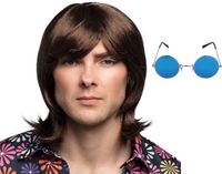 Boland Hippie Sixties verkleedset - Pruik lang haar bruin - bril blauw ronde glazen - heren - Flower Power look