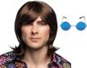 Boland Hippie Sixties verkleedset - Pruik lang haar bruin - bril blauw ronde glazen - heren - Flower Power look