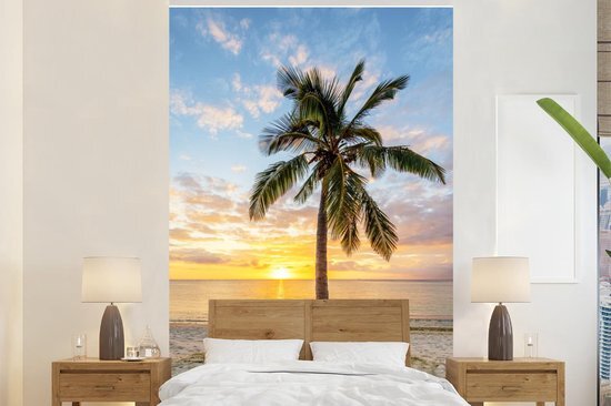 Nr1Wallpaper Behang - Fotobehang Strand - Palmboom - Zonsondergang - Breedte 155 cm x hoogte 240 cm