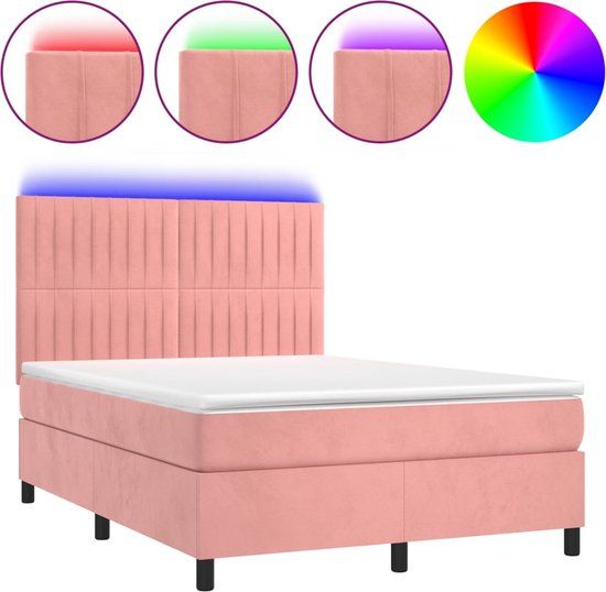 vidaXL Boxspring met matras en LED fluweel roze 140x190 cm