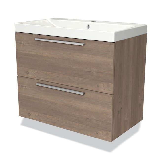 Maxaro Badkamermeubel 80cm Modulo Middenbruin Eiken 2 Lades Vlak Wastafel Keramiek