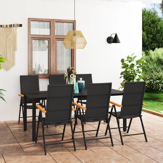 The Living Store Tuinmeubelset - PE-rattan - HKC armleuningen - Glazen tafelblad - Aluminium frames - Lichtgewicht - Zwart bruin - Tafel- 190x90x74 cm - Stoel- 55x64x105 cm - 7 posities kantelbaar - Montage vereist - Inclusief 1 tafel en 6 stoelen