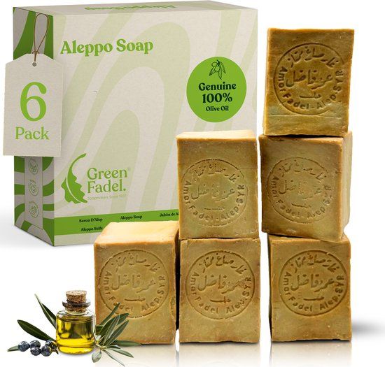 GREEN FADEL Aleppo Zeep 100% Olijfolie - 6 x 200g - Handgemaakt - Natuurlijke Zeep