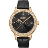 Dkny DK1L055L0025 Horloge Vrouwen Zwart Leer Goudkleurig Staal Analoog Quartz