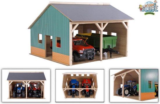 Kids Globe Loods Voor 2 Tractoren, 1:16 - Groen - Hout - 4+ jaar