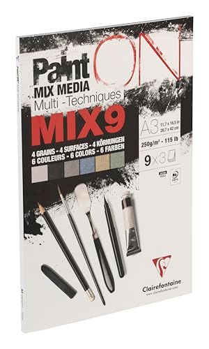 Clairefontaine 960078C - Gelijmd Blok PaintON MIX9 Multi-technieken - 27 Vellen Multi-technieken Tekenpapier - Assortiment van 9 Papiersoorten x3 Vellen - A3 29,7x42 cm 250g