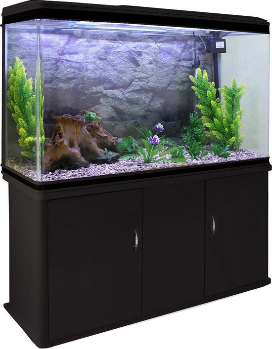 MonsterShop Aquarium 300 L Zwart starterset inclusief meubel Naturel grind 120.5 cm x 39 cm x 143,5 cm filter, verwarming, ornament, kunstplanten, luchtpomp fish tank naturel