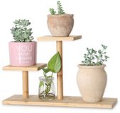QUMENEY Bamboe plantenstandaard voor binnen, mini 3-laags mini-tafelblad, houten vetplantenstandaard, bureauorganizer displayrek voor buiten, bureau, tuin, balkon, terras