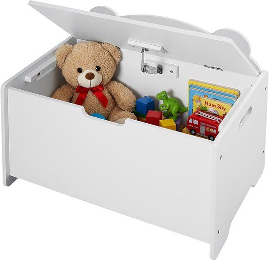 Merkloos Relaxdays speelgoedkist - 60x48x38 cm - wit - met berenmotief