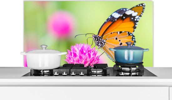 KitchenYeah Spatscherm keuken 100x50 cm - Vlinders - Bloemen - Aluminium