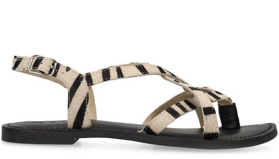 Sacha - Dames - Zwarte leren zebra print sandalen - Maat 40