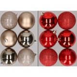 Merkloos / Sans marque 12x stuks kunststof kerstballen mix van champagne en rood 8 cm - Kerstversiering