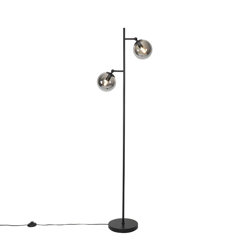 QAZQA Pallon Art Deco Vloerlamp - Zwart met Smoke Glas - 2 Lichts - H 153 cm