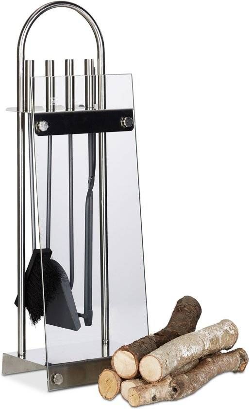 Relaxdays Haardstel Roestvrij Staal - Haardset Gas - Zilveren Open Haardbestek Set 5-Delig