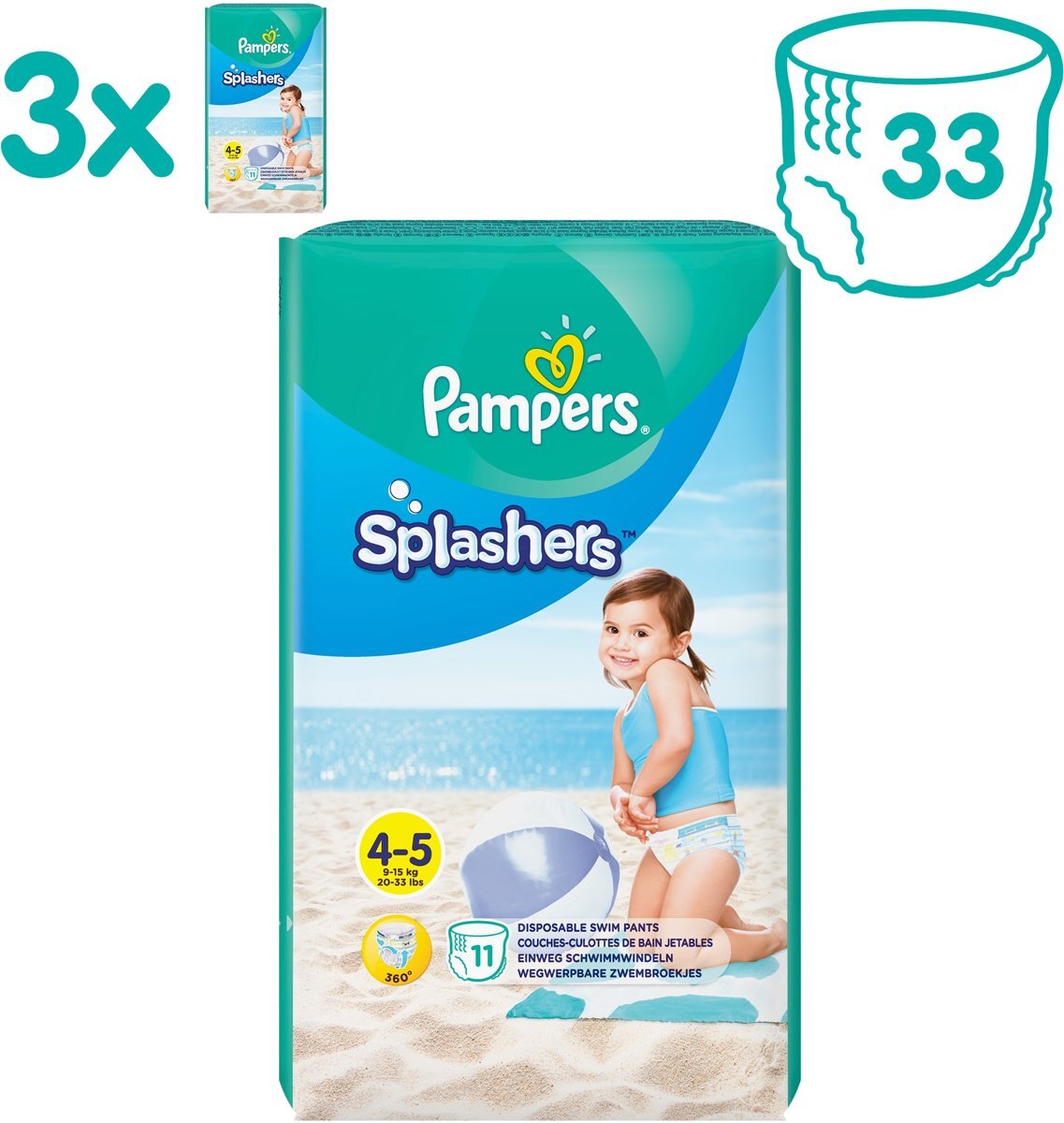 Pampers Splashers 3x11 Wegwerpbare Zwemluiers - Maat 4-5 - Voordeelverpakking