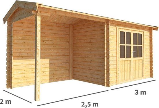 Merkloos Blokhut met overkapping Fenna 550 cm bij 200 cm diep Zadeldak bruin
