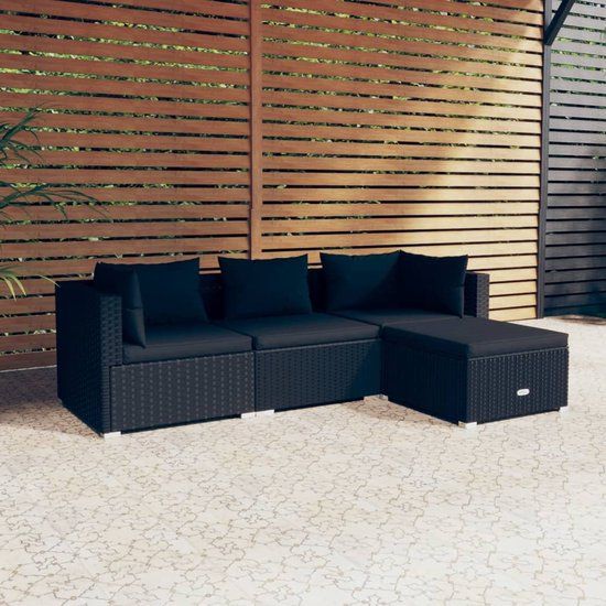 The Living Store Loungeset - PE-rattan - Zwart - Inclusief kussens - Modulair