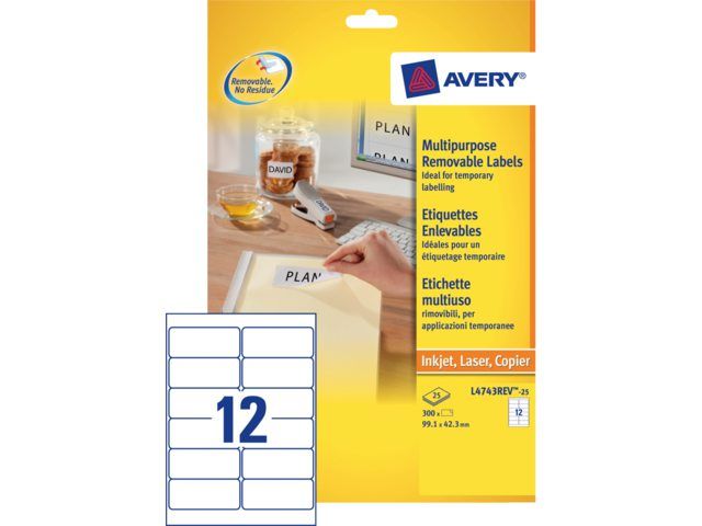 Avery Etiket L4743REV-25 99.1x42.3Mm afneembaar wit 300stuks