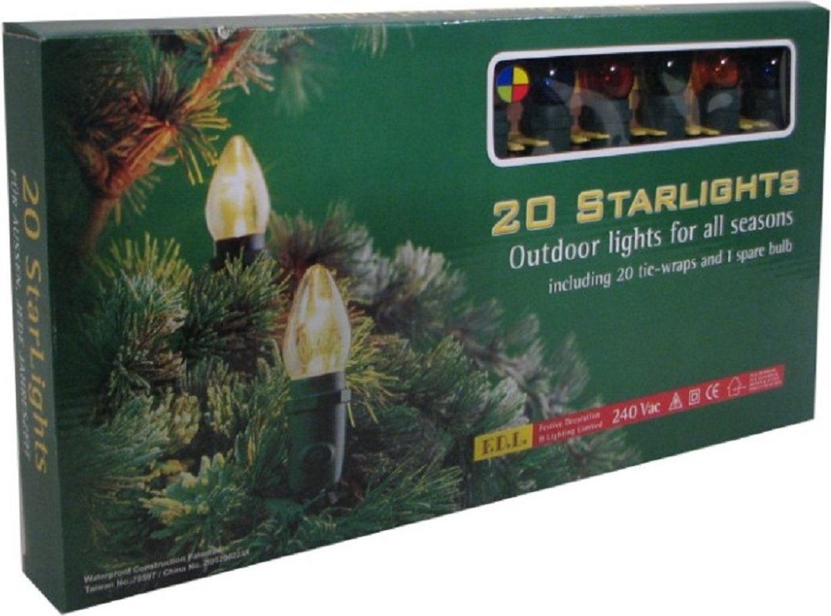 FDL Starlights kerstverlichting 20 multikleur gloeilampen voor buiten 12.5 meter lang