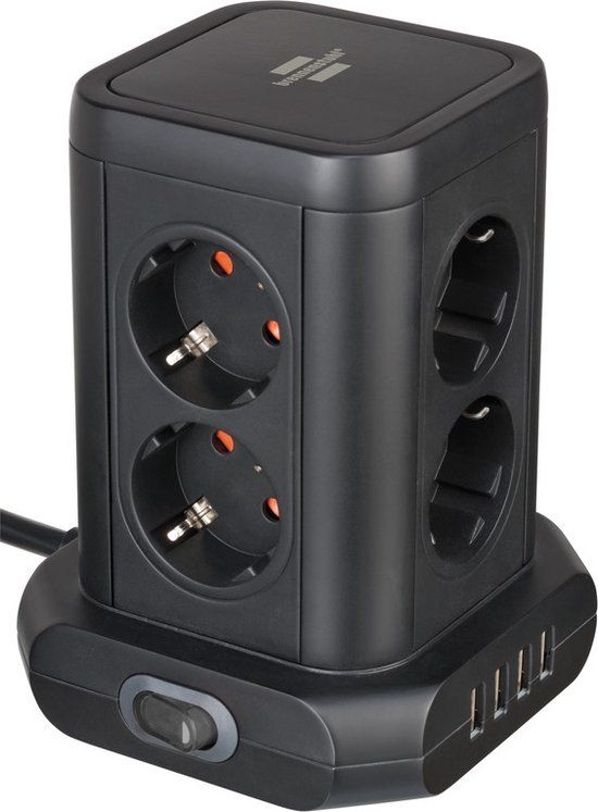 Brennenstuhl Socket Tower - 8 Outlets with 4x USB - Black - 2m Cable