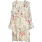 comma Jurk met V-hals en lange mouwen, gebloemd, beige, maat 42