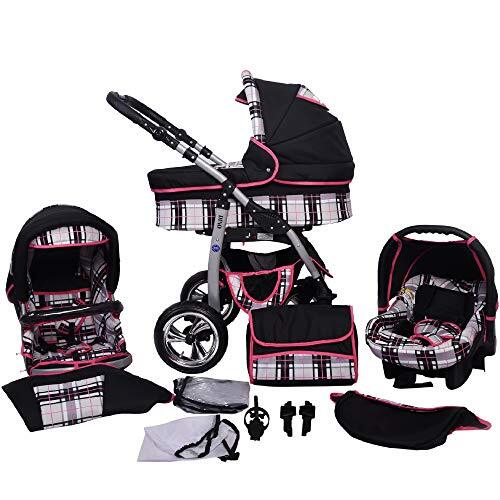 Lux4Kids Kinderwagen, 3-in-1 Megaset alles in een Isofix Dino by ChillyKids zwart & ruiten grijs & naad roze 2-in-1 zonder babyzitje