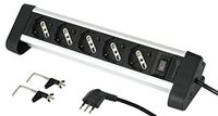Electraline 61906 meervoudige stekkerdoos van aluminium met 5 multifunctionele stopcontacten, Schuko + 10/16 A, 2 houders voor bevestiging aan bureau, kleine stekker 10 A, zwart/zilver