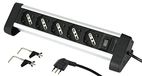 Electraline 61906 meervoudige stekkerdoos van aluminium met 5 multifunctionele stopcontacten, Schuko + 10/16 A, 2 houders voor bevestiging aan bureau, kleine stekker 10 A, zwart/zilver