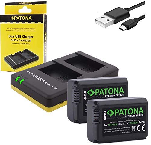 Patona Premium NP-FW50 2X (1030mAh) - met USB Dual Charger 1964 - ZV-E10 - DSC RX10 - Alpha 6100 6300 6500 Alpha 7 NEX 3 5 6 7 SLT A55 A3000 etc