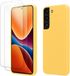 kwmobile hoes met 2x screenprotectors voor Samsung Galaxy S22 – screenprotector van gehard glas – draadloos opladen – stralend geel