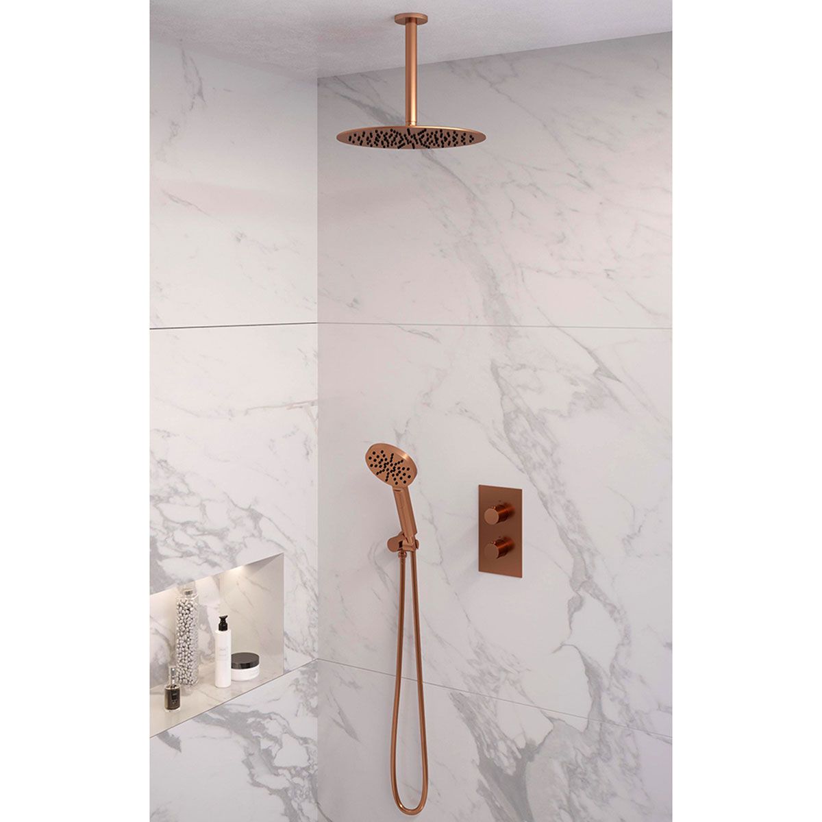 Brauer Regendoucheset 36 Inbouw Muur Copper Edition 30cm Rond Geborsteld Koper PVD 2 Greeps 3-weg met Thermostaatkraan en Handdouche