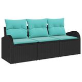 vidaXL Ensemble de canapé de jardin 3 pc Noir et turquoise Poly rotin