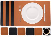 Cookinglife Placemats en onderleggers - Set van 12 - 6 rechthoekig placemats - 46 x 33 cm - 6 vierkante onderzetters- 10 x 10 cm - Dubbelzijdig - Vegan Lederlook - Zwart/Cognac