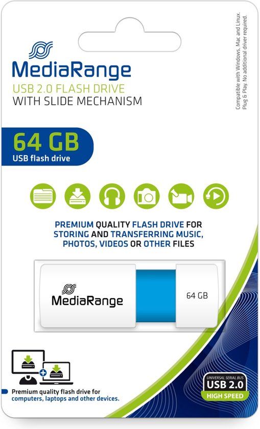 MediaRange USB Stick 64GB - USB 2.0 - Blauw/Wit