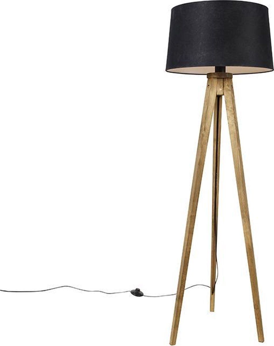 QAZQA Tripod Classic - Landelijke Vloerlamp - Hout - Zwart - E27
