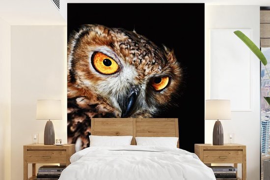 Nr1Wallpaper Behang - Fotobehang Uil - Zwart - Geel - Breedte 165 cm x hoogte 220 cm