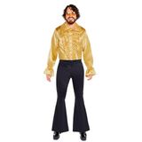 Amscan 9918526 - Men's 1970s Gold Satin Ruffle Shirt - Adult Fancy Dress Costume - XL