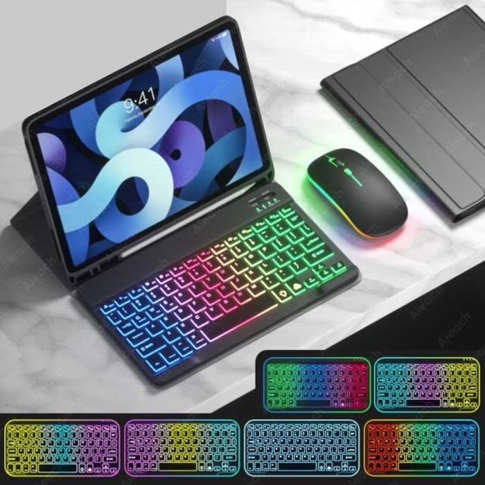 AIEACH RGB Toetsenbord Hoes en Muis voor iPad Pro 11 - QWERTY Multifunctionele Keyboard Bluetooth Smart Cover Case Hoesje Zwart