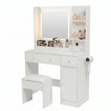Monza Home® Make Up Tafel – Kaptafel met Spiegel en Verlichting – Inclusief Kruk – Afsluitbare Kast & Föhnhouder – 2 Stopcontacten & 2 USB-poorten – 3 Lichtkleuren Dimbaar met Touch – 141 x 87,5 x 40 cm – Blanc